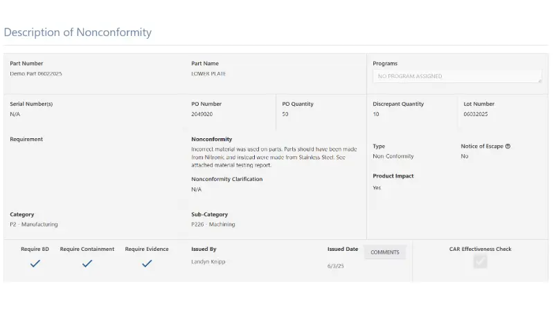 Software screenshot of Net-Inspect corrective action request software Information panel with description of Nonconforming material
